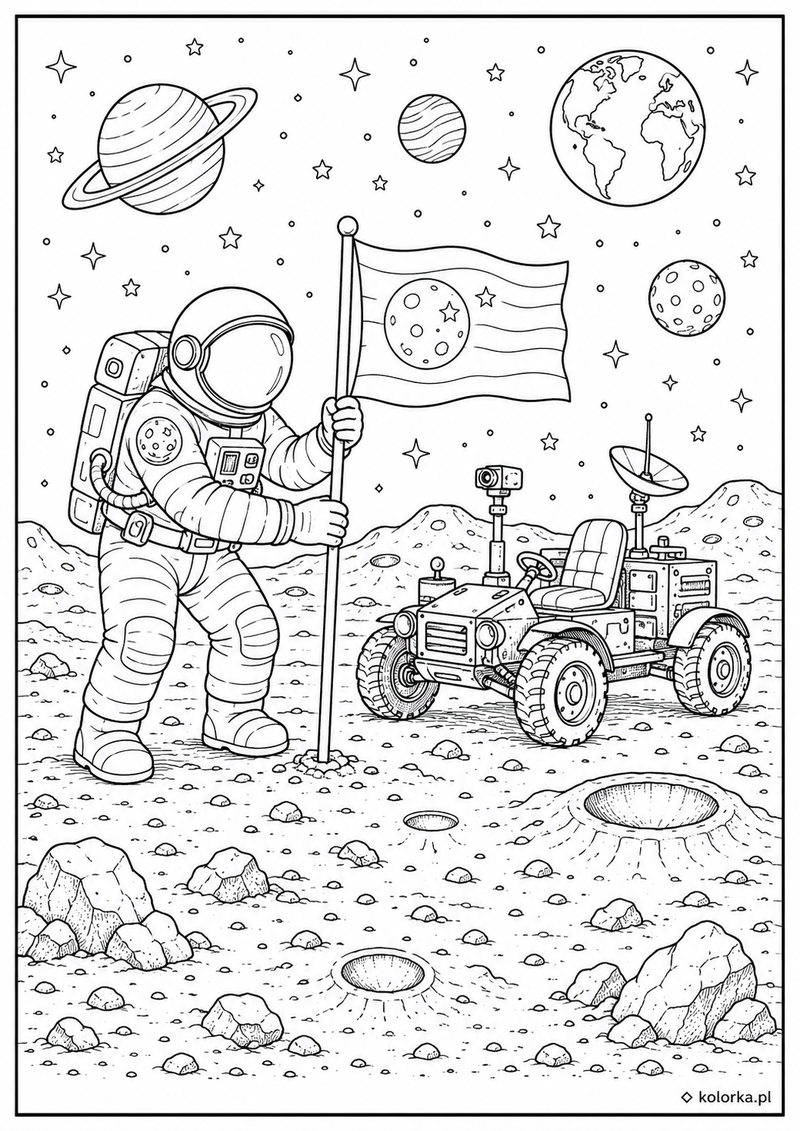 Astronauci, kosmos i planety - flaga na Księżycu