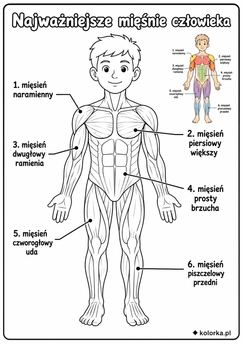 Kolorowanki anatomia człowieka - Najważniejsze mięśnie człowieka widziane od przodu