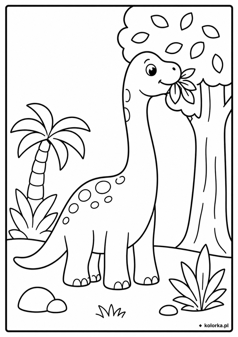 Kolorowanki dinozaury - Przyjazny dinozaur spaceruje w prehistorycznym lesie