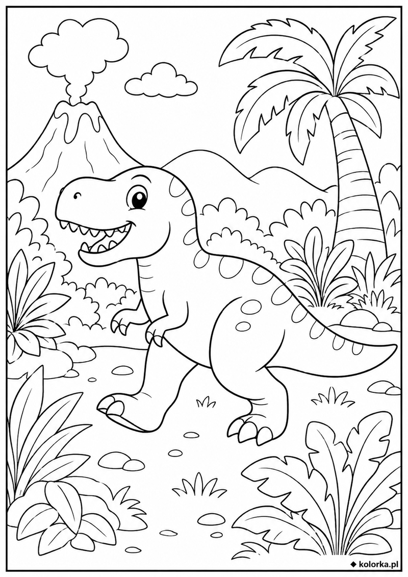 Kolorowanki dinozaury - Radosny dinozaur bawi się na polanie