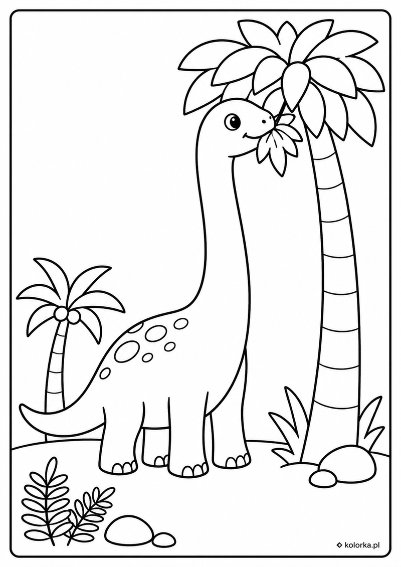 Kolorowanki dinozaury - Przyjazny dinozaur wśród prehistorycznych roślin