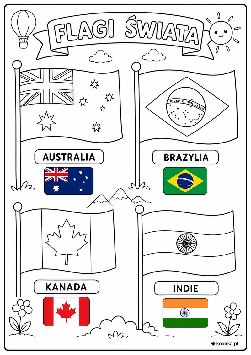 Kolorowanki flagi państw - flagi Australii Brazylii Kanady i Indii