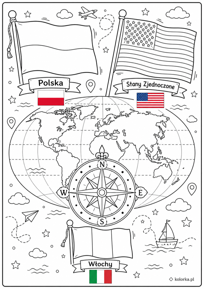 Kolorowanki flagi państw - Flagi Polski USA i Włoch wokół mapy i kompasu