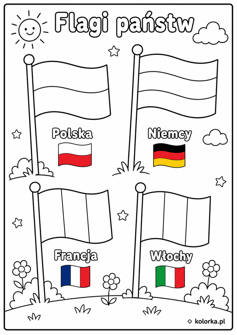Kolorowanki flagi państw - Flagi Polski Niemiec Francji i Włoch