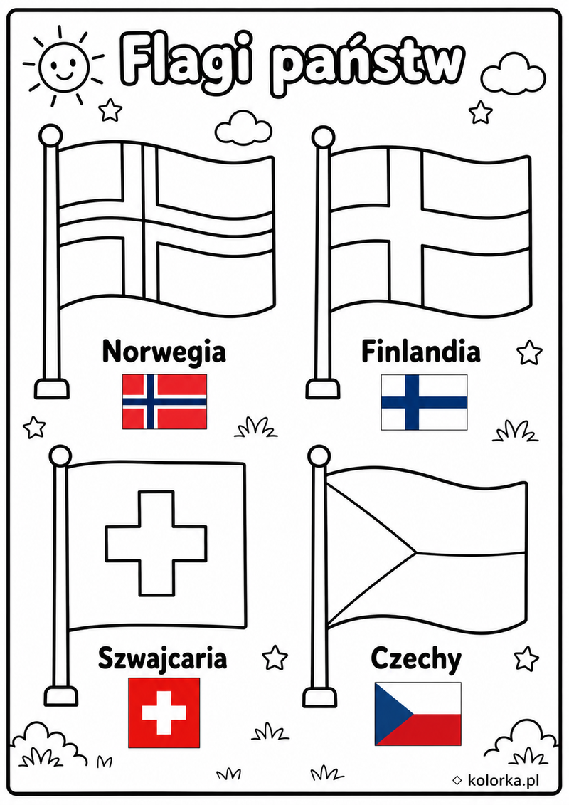 Kolorowanki flagi państw - flagi Norwegii Finlandii Szwajcarii i Czech