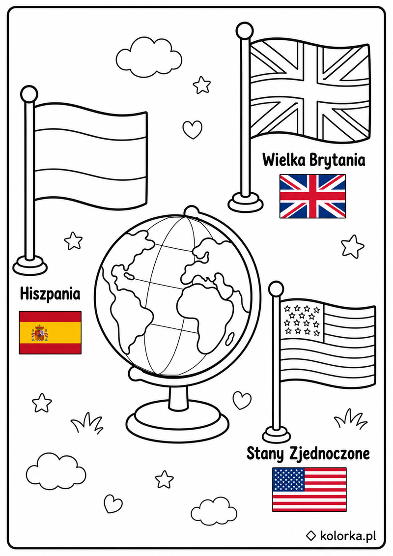 Kolorowanki flagi państw - Flagi Hiszpanii Wielkiej Brytanii i USA wokół globusa