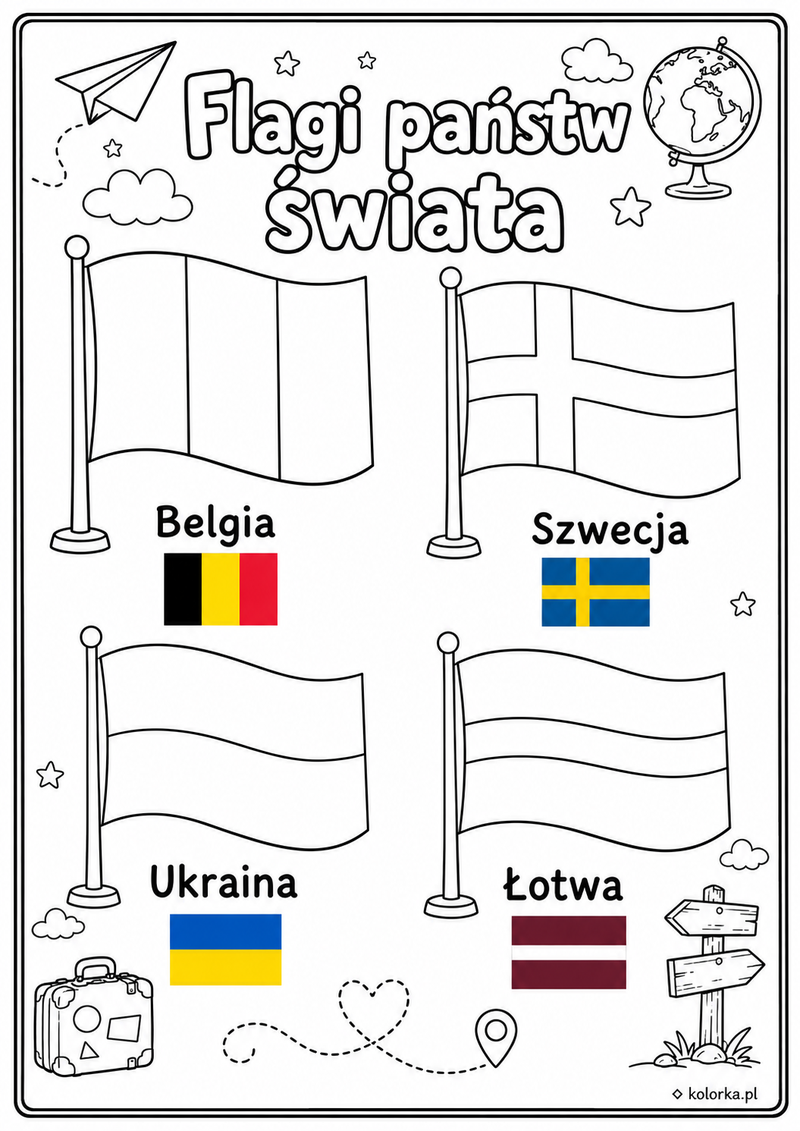 Kolorowanki flagi państw - flagi Belgii Szwecji Ukrainy i Łotwy