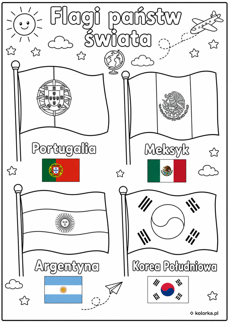 Kolorowanki flagi państw - flagi Portugalii Meksyku Argentyny i Korei Południowej