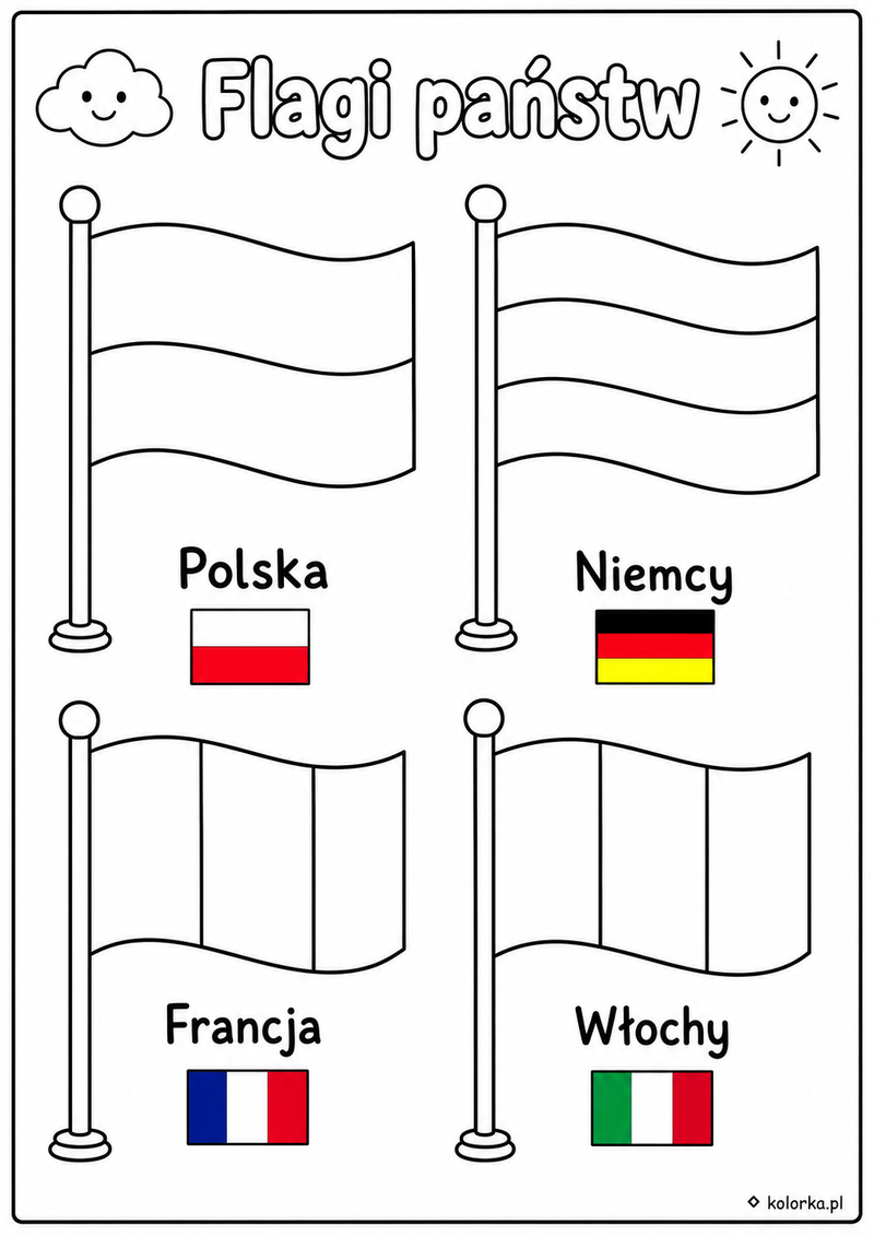 Kolorowanki flagi państw - flagi Polski Niemiec Francji i Włoch