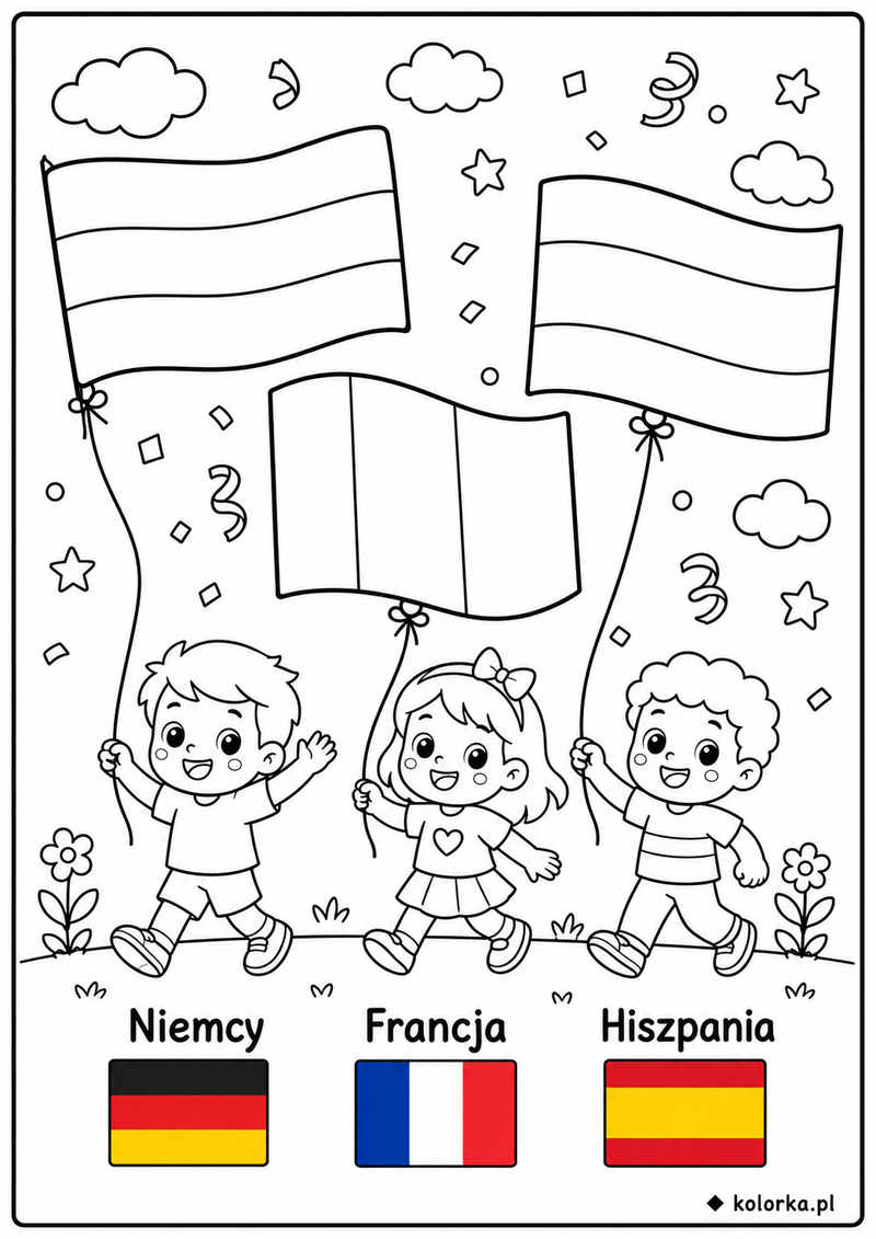 Kolorowanki flagi państw - Dzieci z flagami Niemiec Francji i Hiszpanii na paradzie