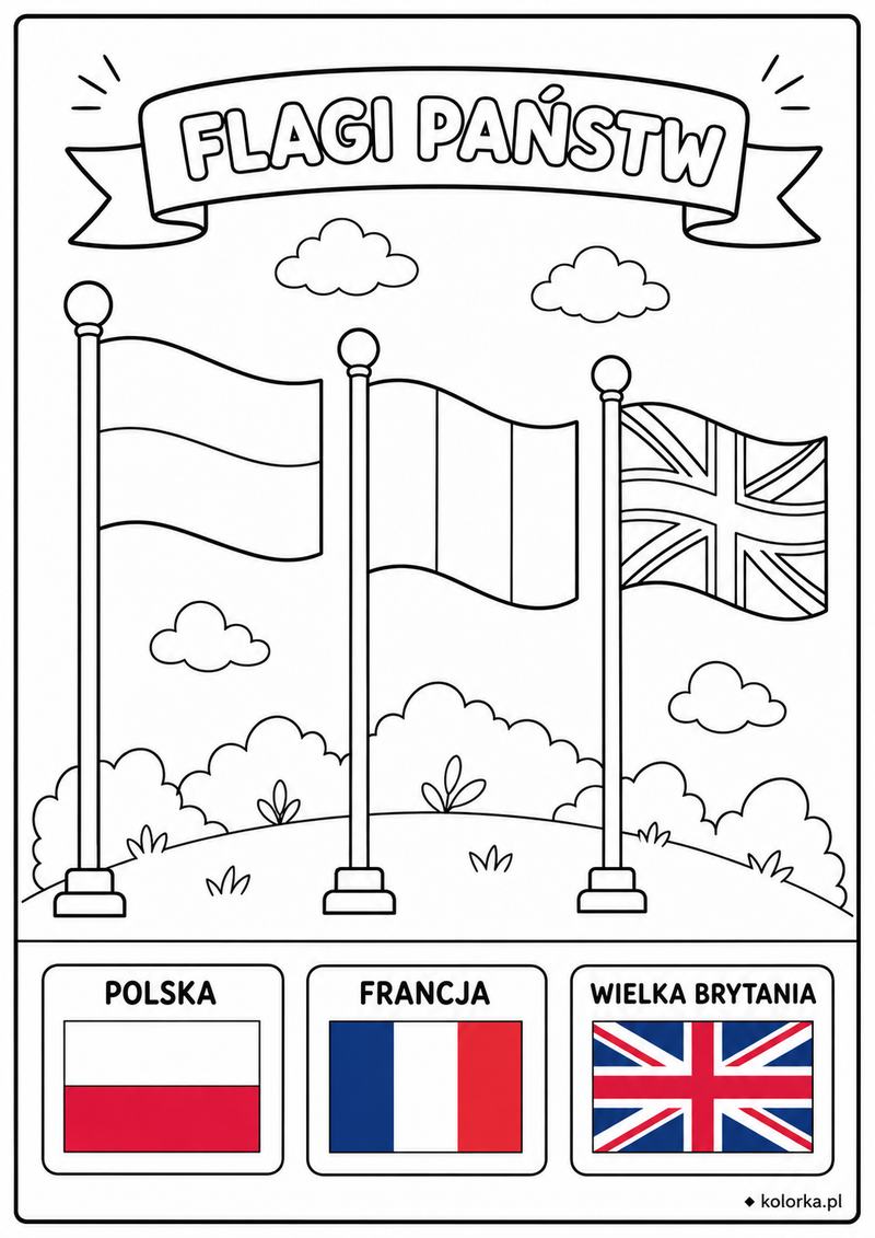 Kolorowanki flagi państw - Flagi Polski Francji i Wielkiej Brytanii pod banerem