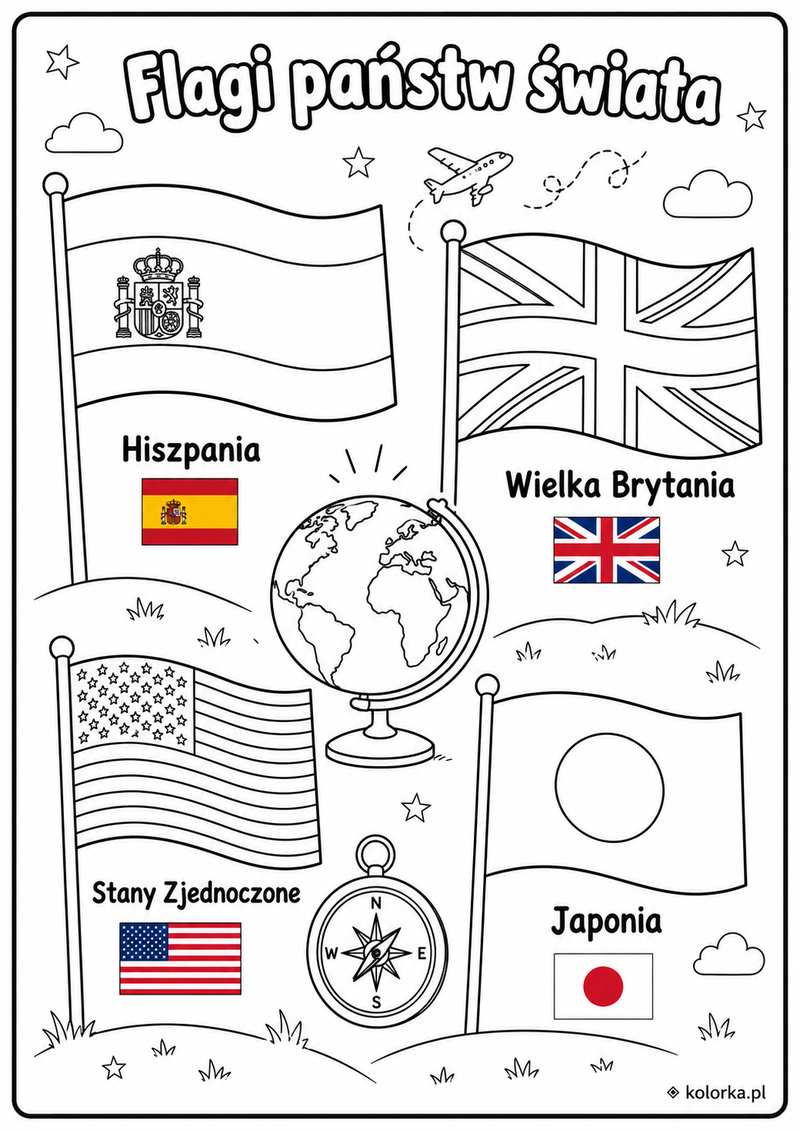 Kolorowanki flagi państw - flagi Hiszpanii Wielkiej Brytanii USA i Japonii