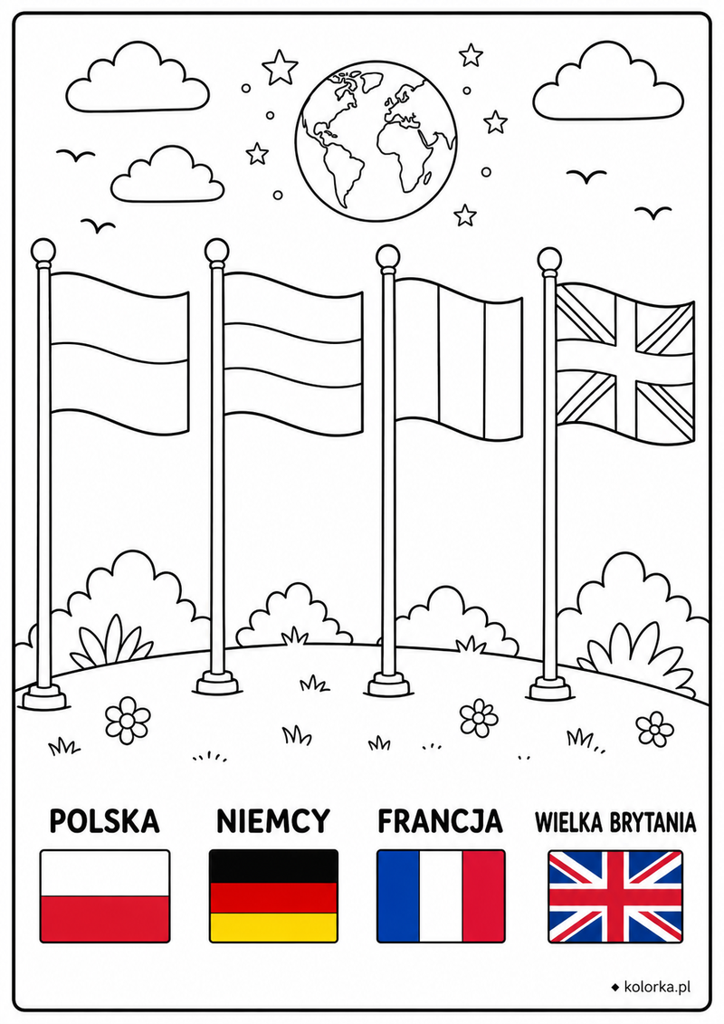 Kolorowanki flagi państw - Podpisane flagi Polski Niemiec Francji i Wielkiej Brytanii