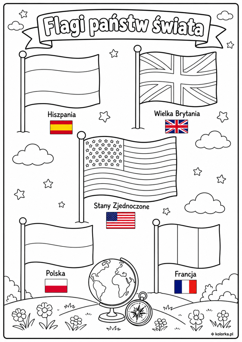 Kolorowanki flagi państw - Flagi Hiszpanii Wielkiej Brytanii USA Polski i Francji