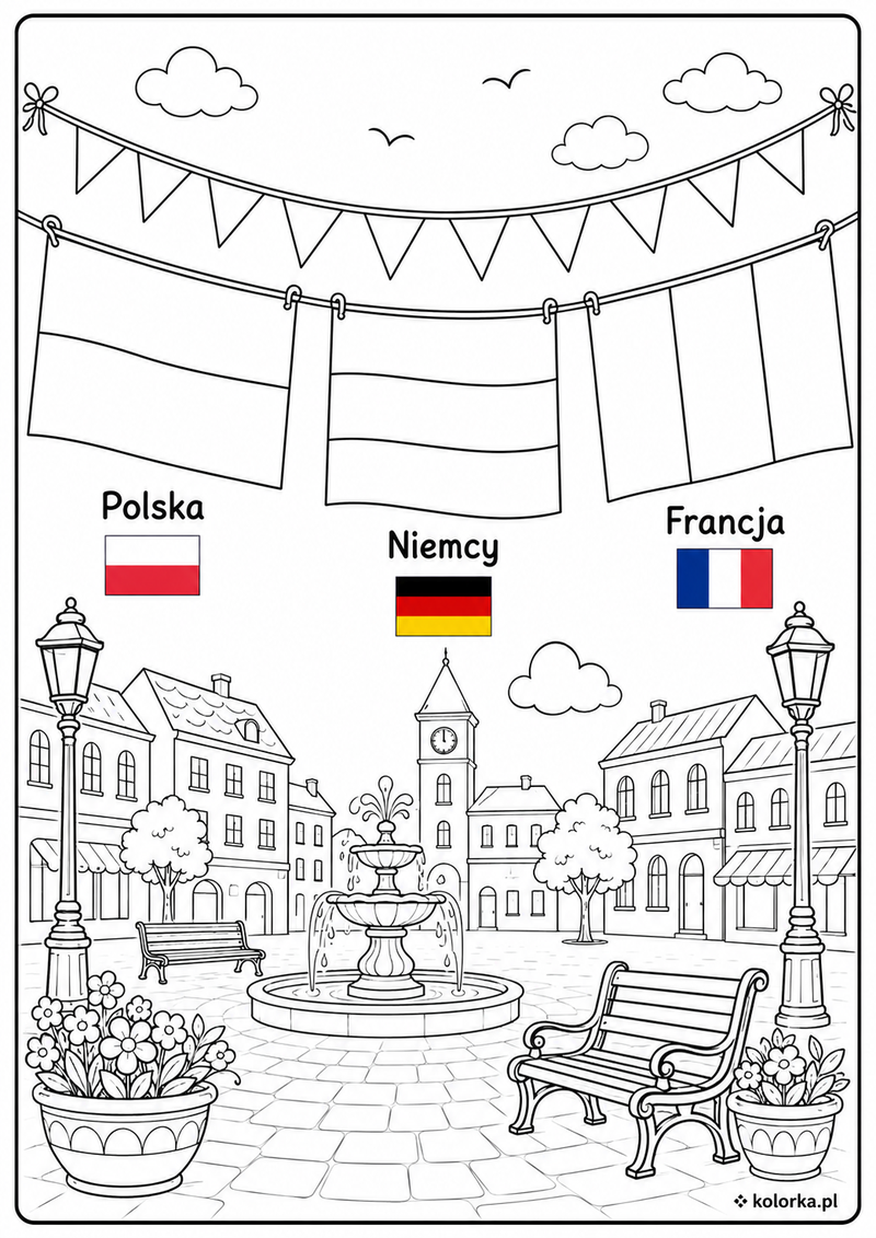 Kolorowanki flagi państw - Flagi Polski Niemiec i Francji nad miejskim placem