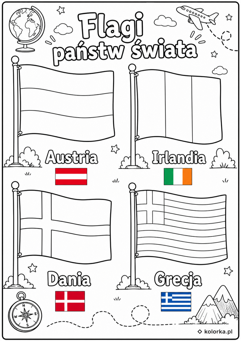 Kolorowanki flagi państw - flagi Austrii Irlandii Danii i Grecji