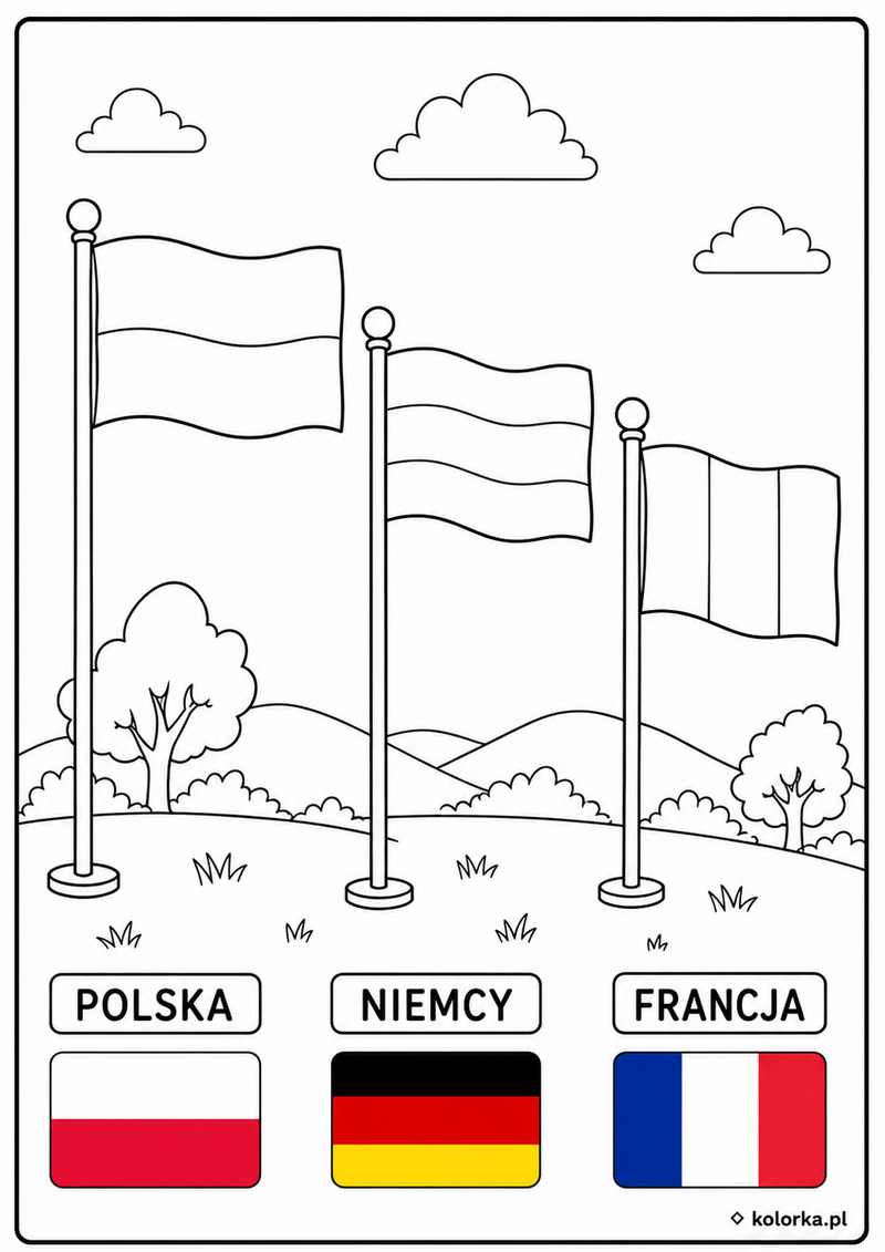 Kolorowanki flagi państw - Trzy podpisane flagi z kolorowymi podpowiedziami