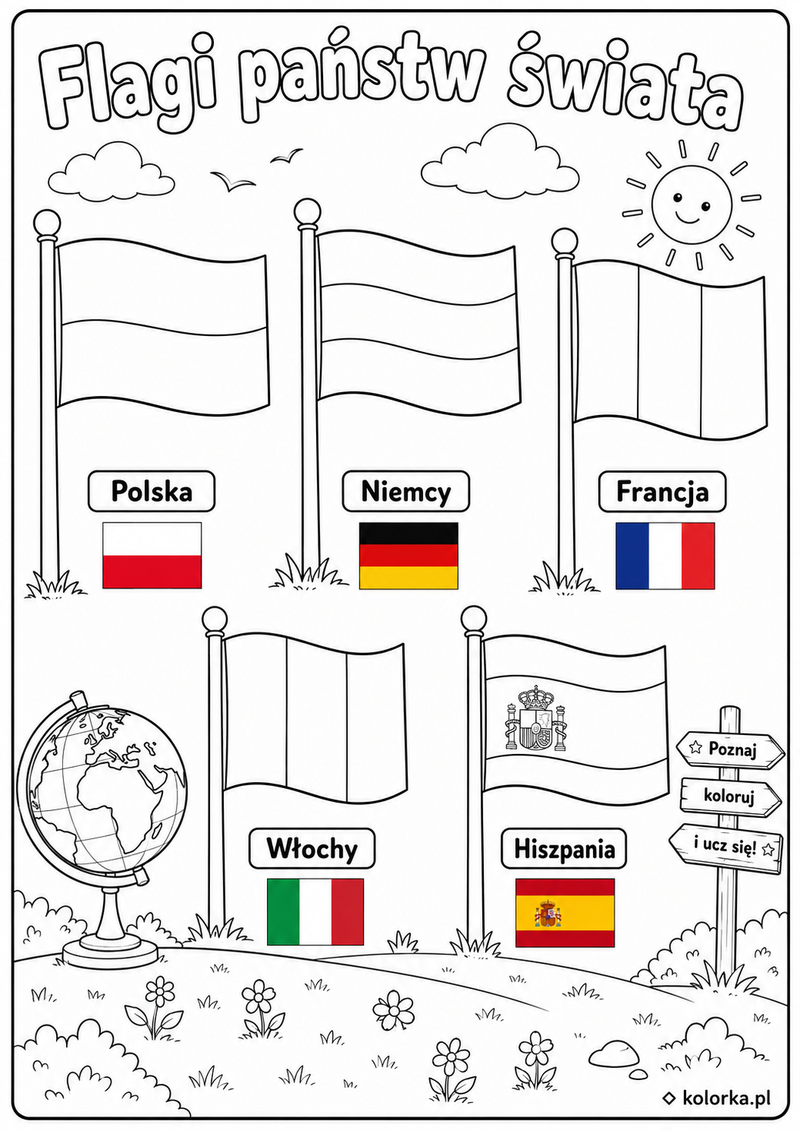 Kolorowanki flagi państw - Pięć podpisanych flag z globusem i drogowskazem