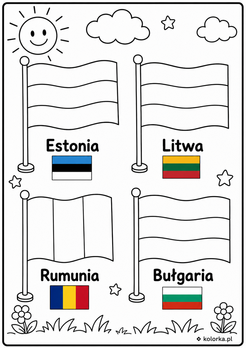 Kolorowanki flagi państw - flagi Estonii Litwy Rumunii i Bułgarii