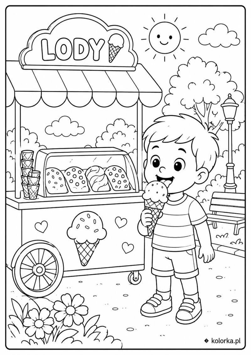 Kolorowanki lody - Dziecko kupuje lody przy wózku w parku