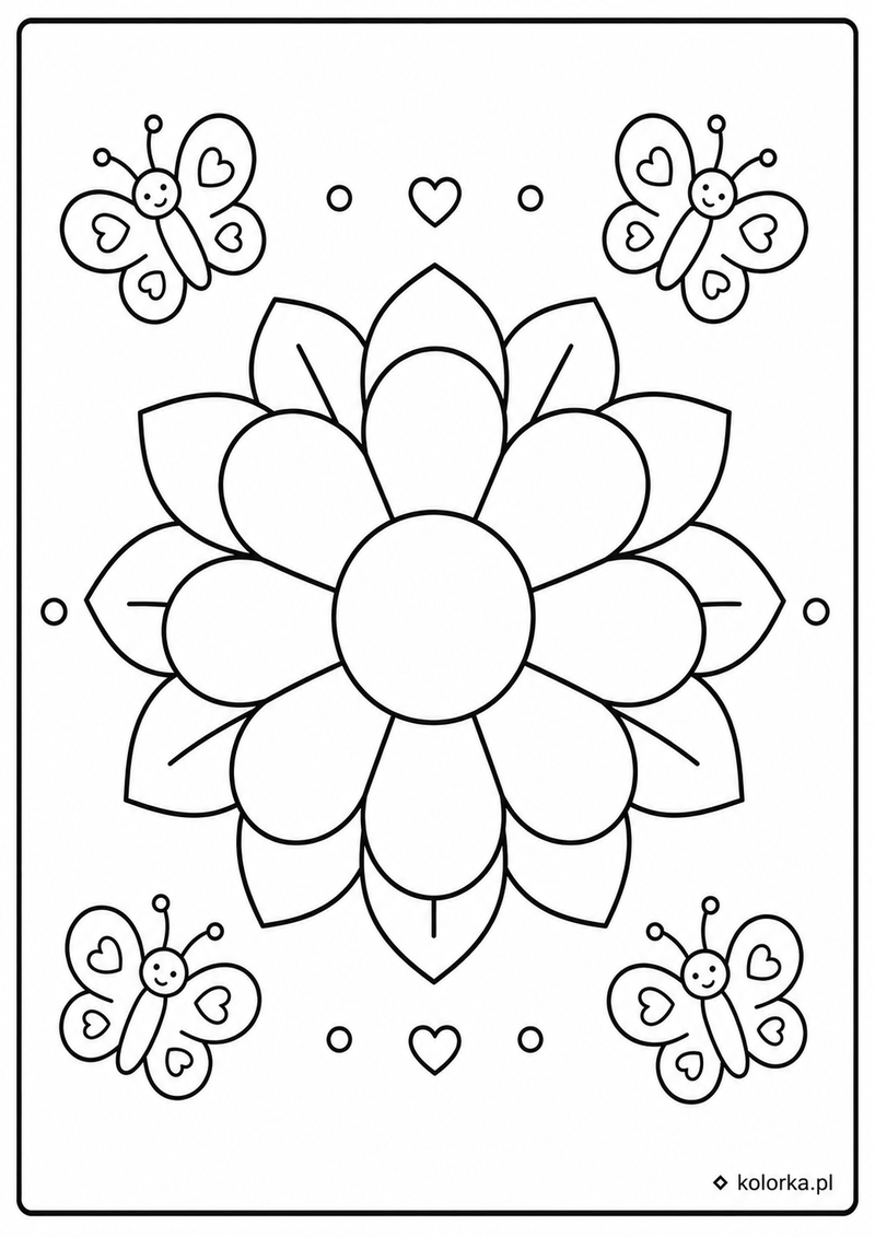 Kolorowanki mandale - prosta mandala z motylkami i sercami