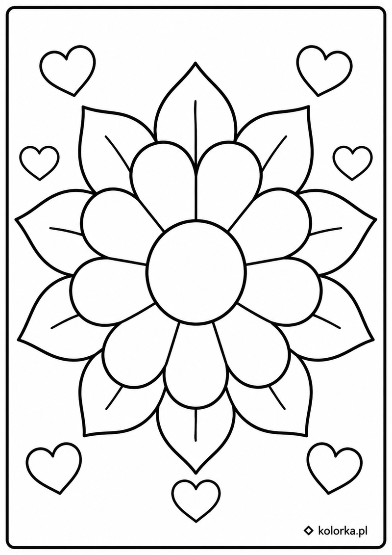 Kolorowanki mandale - prosta kwiatowa mandala z serduszkami