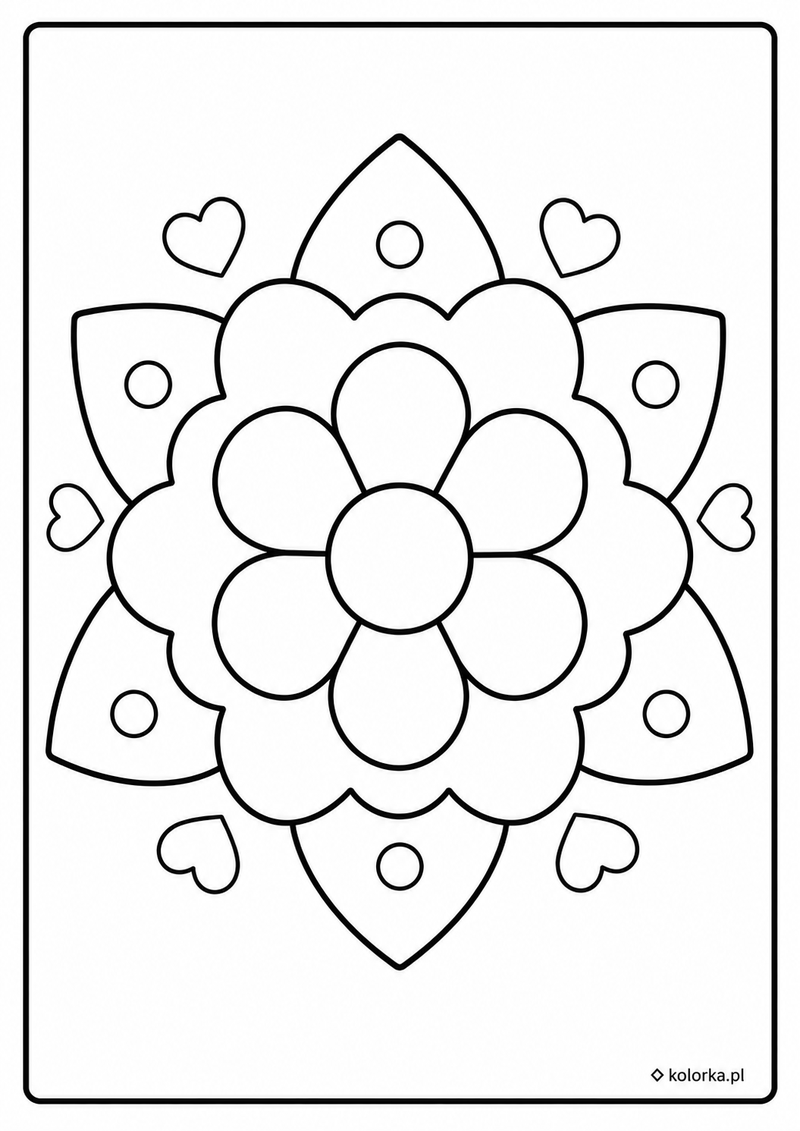 Kolorowanki mandale - prosta kwiatowa mandala z sercami