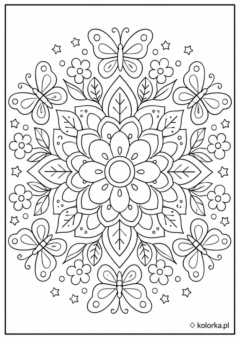 Kolorowanki mandale - kwiatowa mandala z motylami i gwiazdami