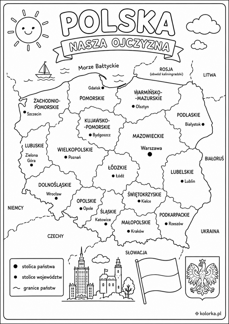 Kolorowanki mapy: Polska, Europa i Świat - Rzeczywista mapa województw i stolic