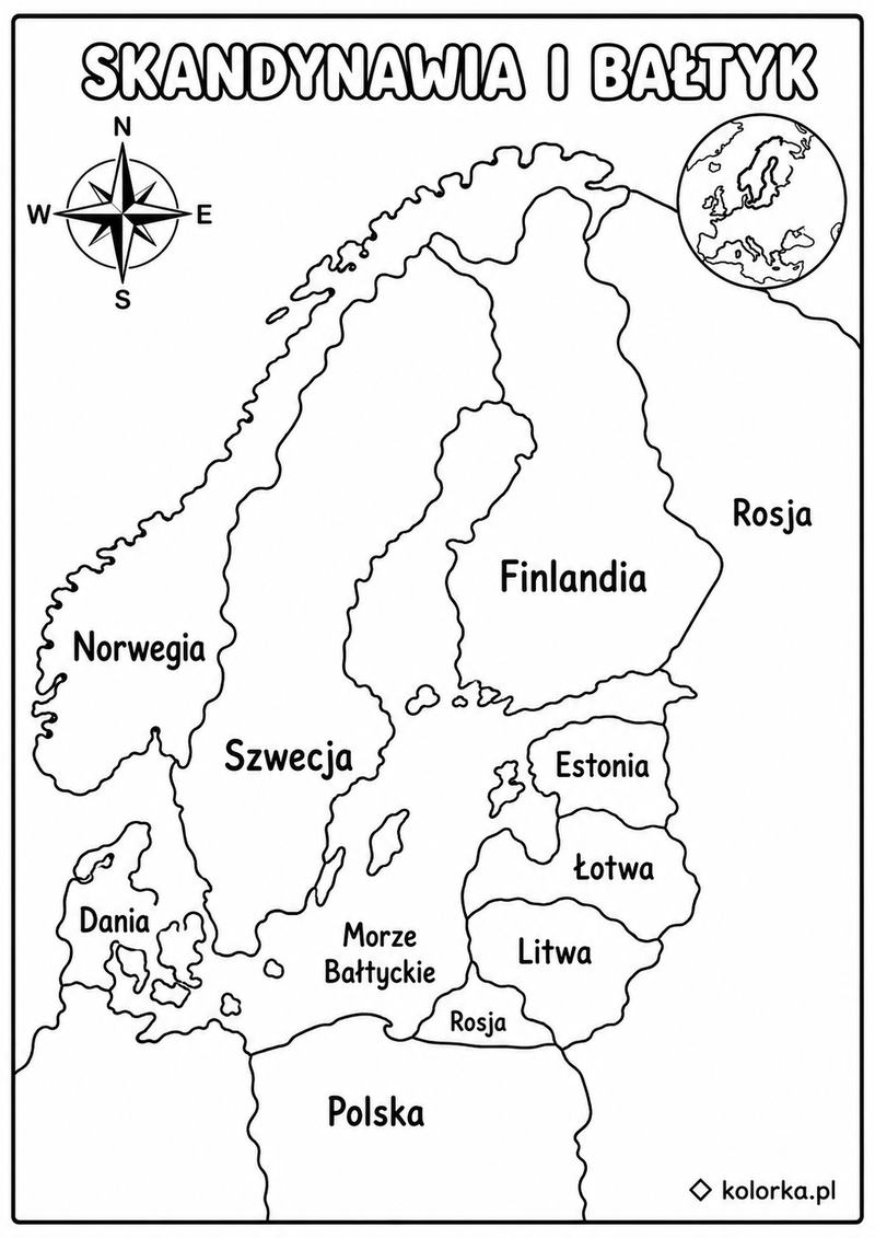 Kolorowanki mapy: Polska, Europa i Świat - Rzeczywista mapa Skandynawii i Bałtyku