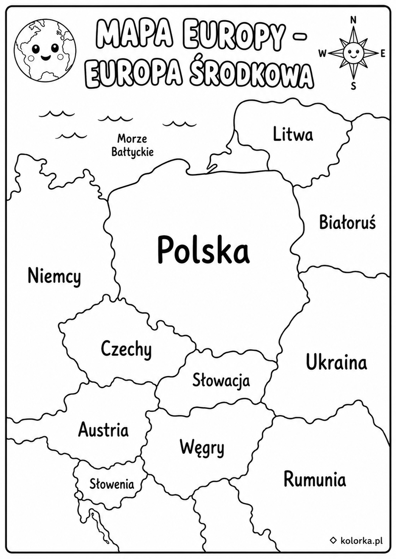 Kolorowanki mapy: Polska, Europa i Świat - Państwa Europy Środkowej