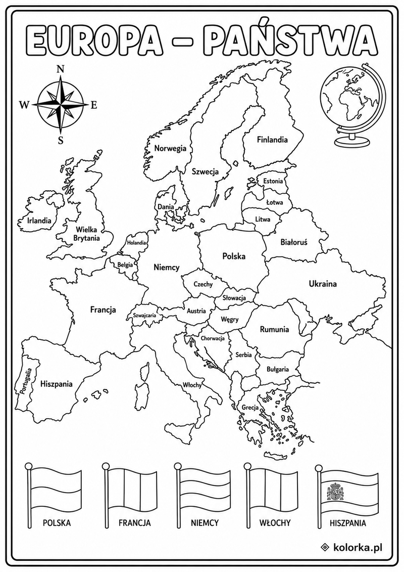 Kolorowanki mapy: Polska, Europa i Świat - Rzeczywista mapa państw Europy