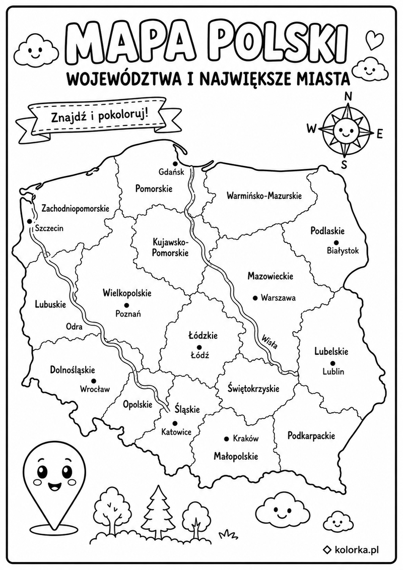 Kolorowanki mapy: Polska, Europa i Świat - Województwa i miasta Polski