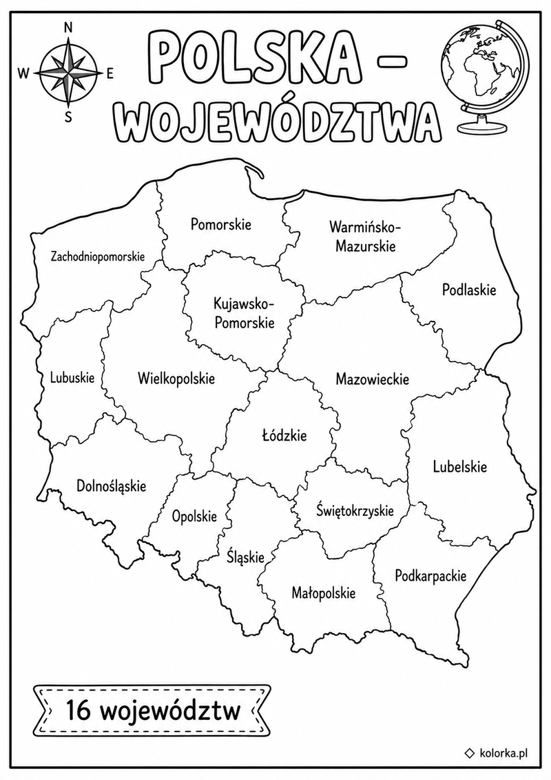 Kolorowanki mapy: Polska, Europa i Świat - Rzeczywisty podział Polski na województwa