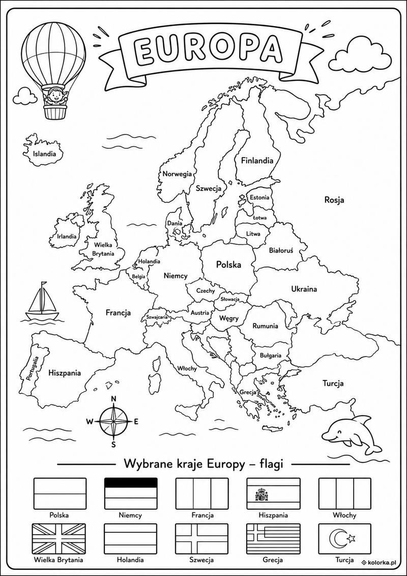 Kolorowanki mapy: Polska, Europa i Świat - Rzeczywista mapa Europy z flagami