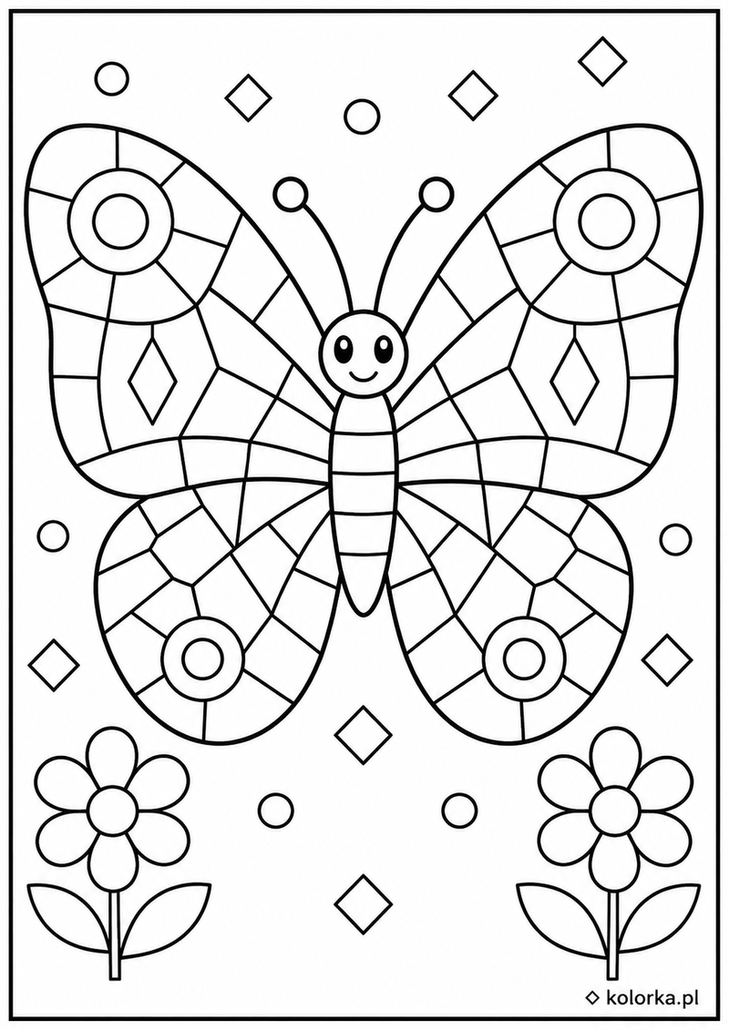 Kolorowanki mozaiki - motyl w geometrycznym ogrodzie