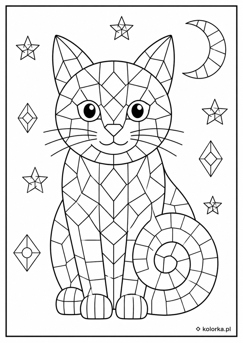Kolorowanki mozaiki - geometryczny kot pod gwiazdami i księżycem