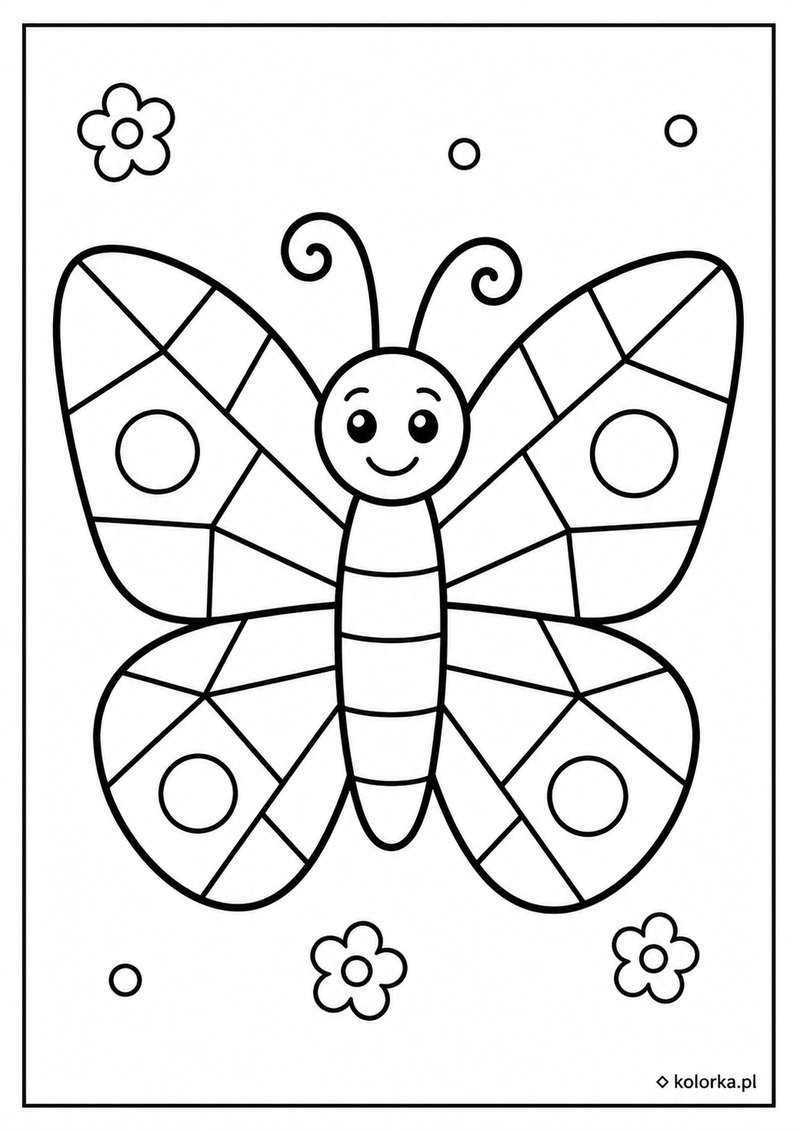 Kolorowanki mozaiki - uśmiechnięty motyl w prostym wzorze mozaiki