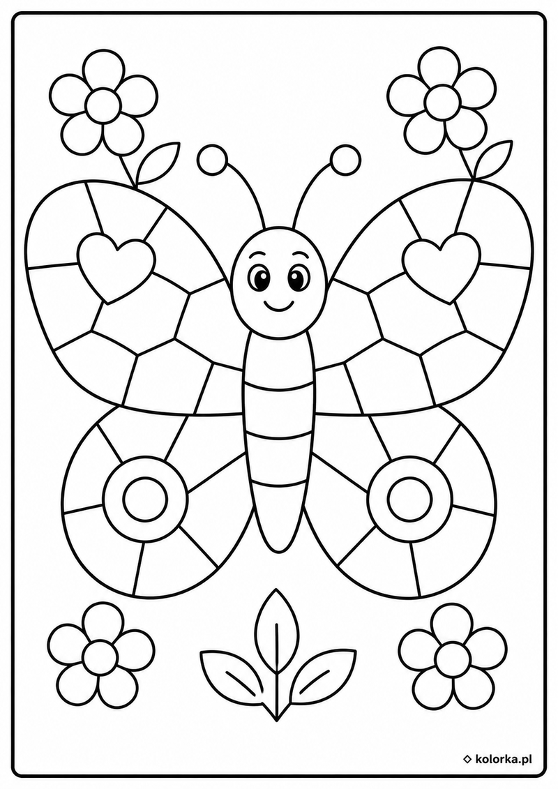 Kolorowanki mozaiki - motyl z sercami i kwiatami
