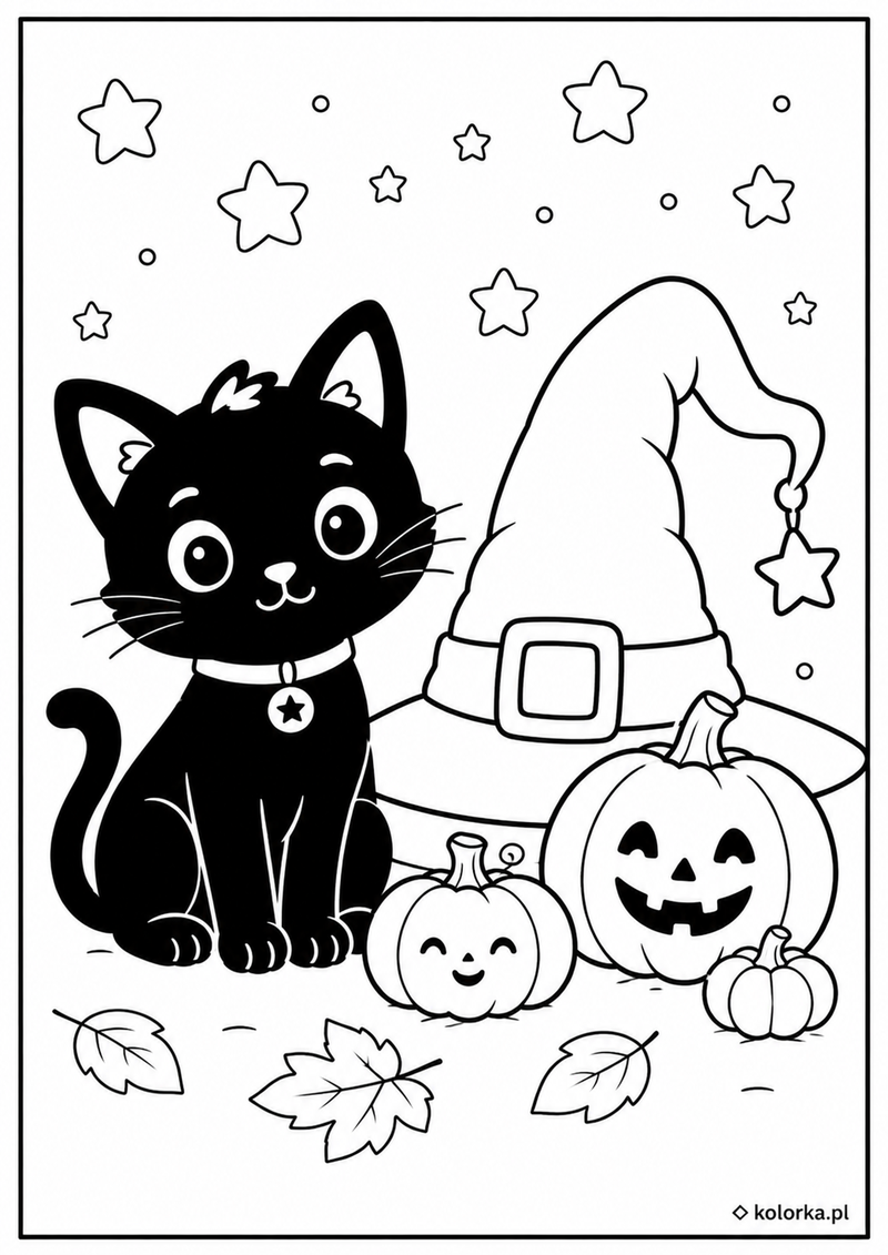 Kolorowanki na Halloween - czarny kot i kapelusz