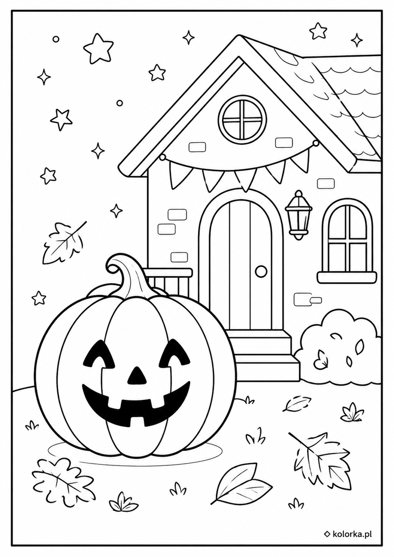 Kolorowanki na Halloween - uśmiechnięta dynia przed domem