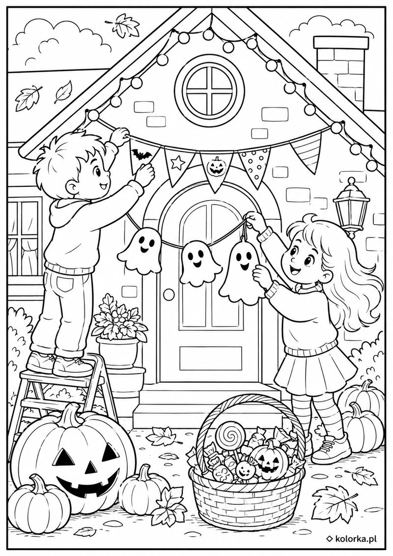 Kolorowanki na Halloween - dzieci dekorujące dom