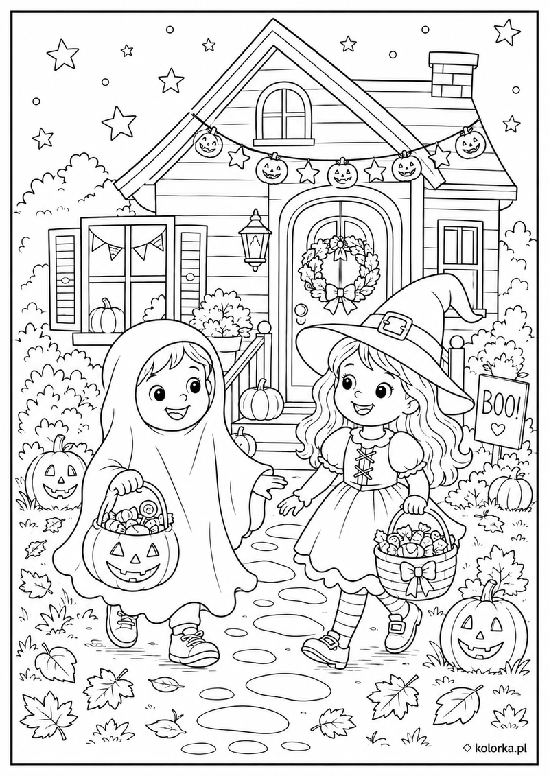 Kolorowanki na Halloween - dzieci zbierające cukierki
