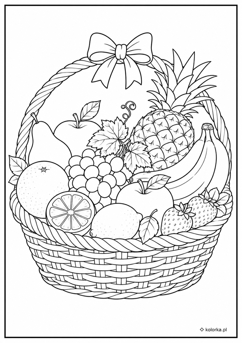 Kolorowanki owoce - Kosz z ananasem bananami i owocami leśnymi