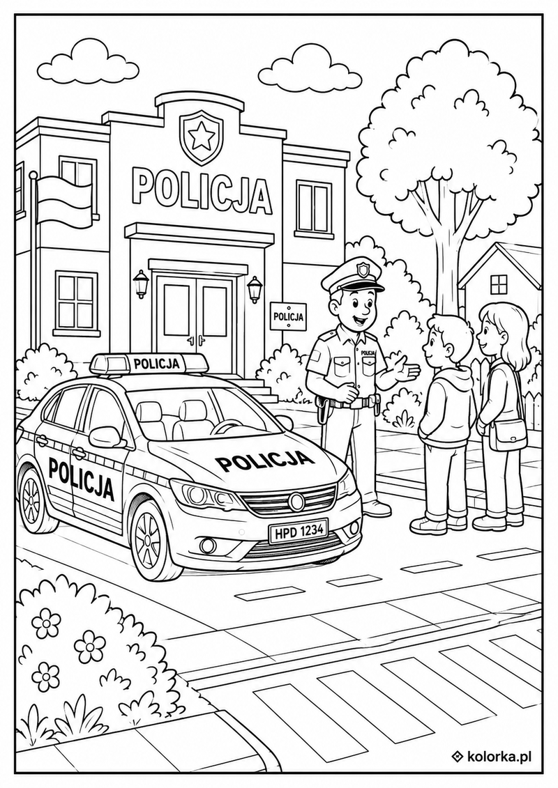 Kolorowanki policja, radiowozy - Policjant i radiowóz witają przed komisariatem