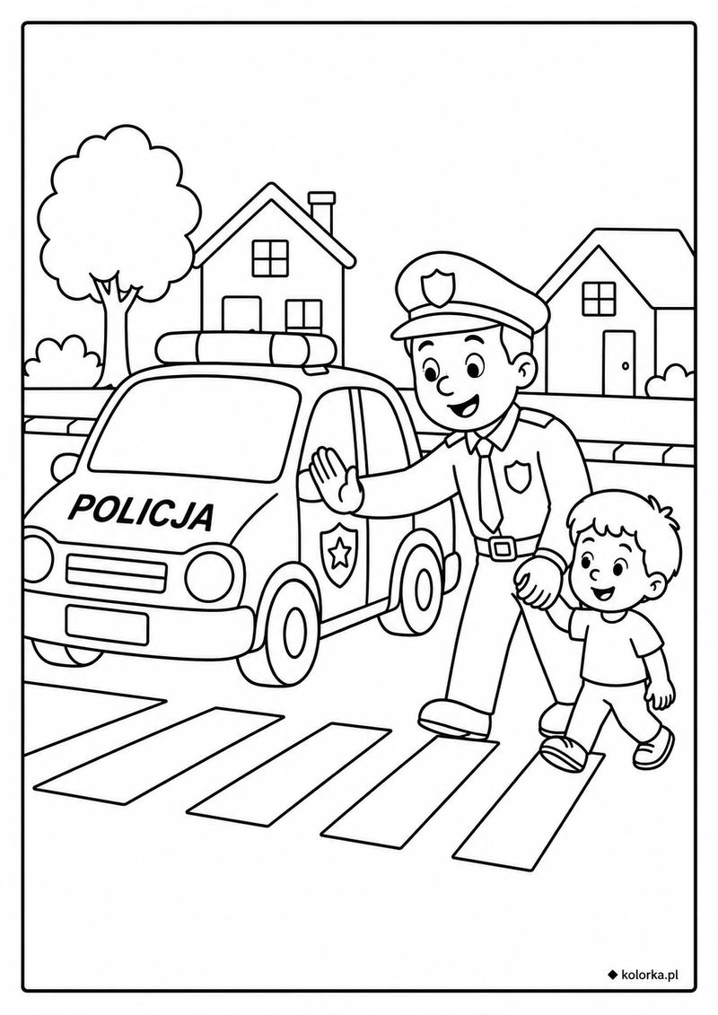 Kolorowanki policja, radiowozy - Policjant pomaga dziecku przejść przez jezdnię