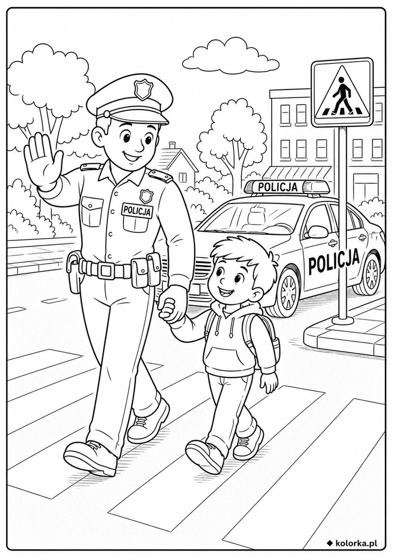 Kolorowanki policja, radiowozy - Policjant pomaga dziecku bezpiecznie przejść przez ulicę