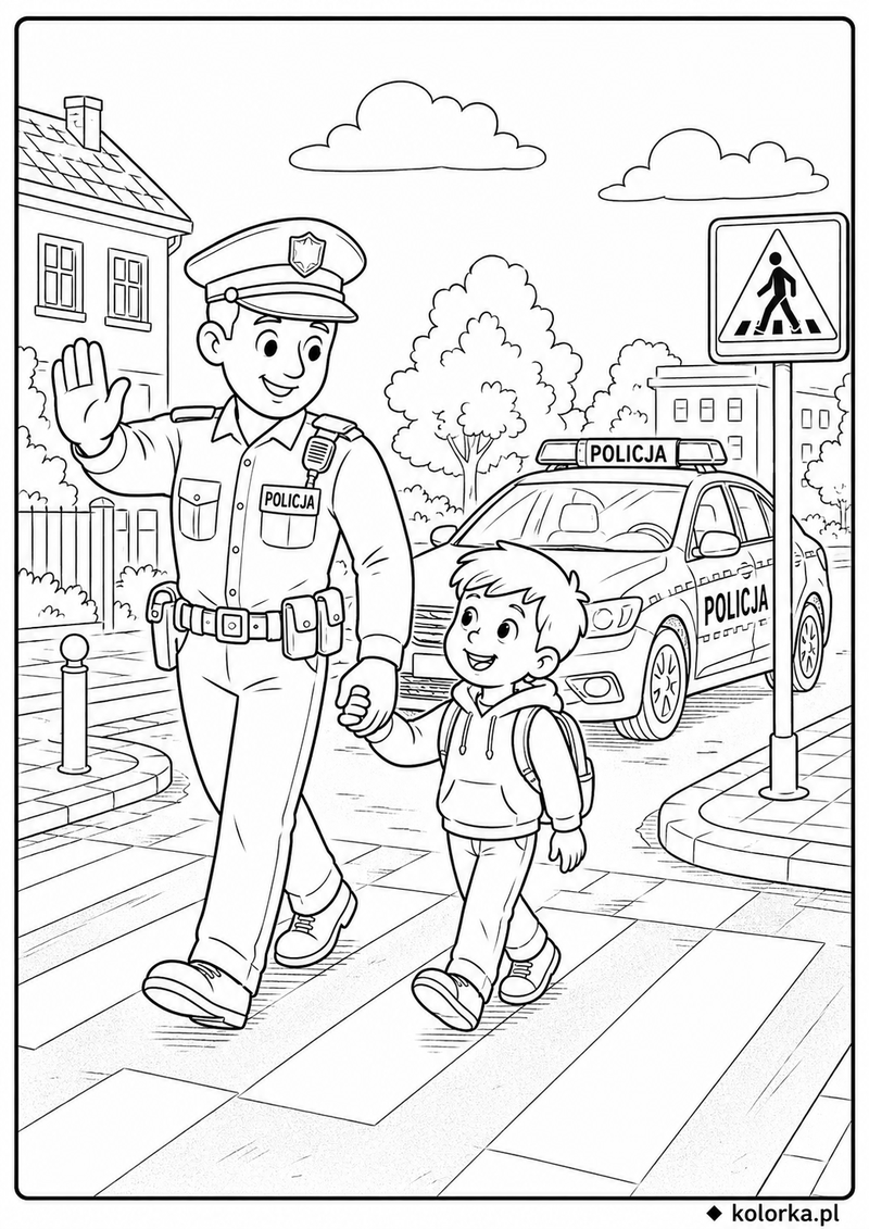 Kolorowanki policja, radiowozy - Policjant bezpiecznie przeprowadza dziecko przez pasy