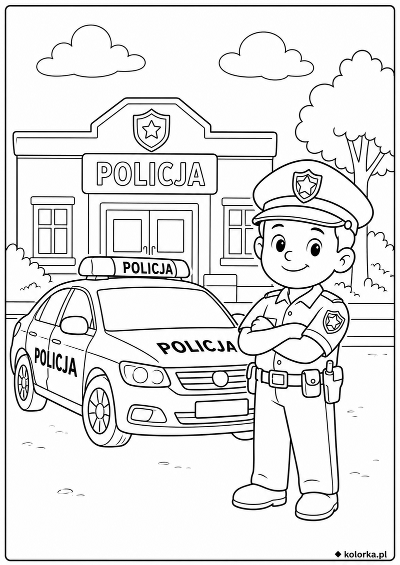 Kolorowanki policja, radiowozy - Policjant i radiowóz przed komisariatem