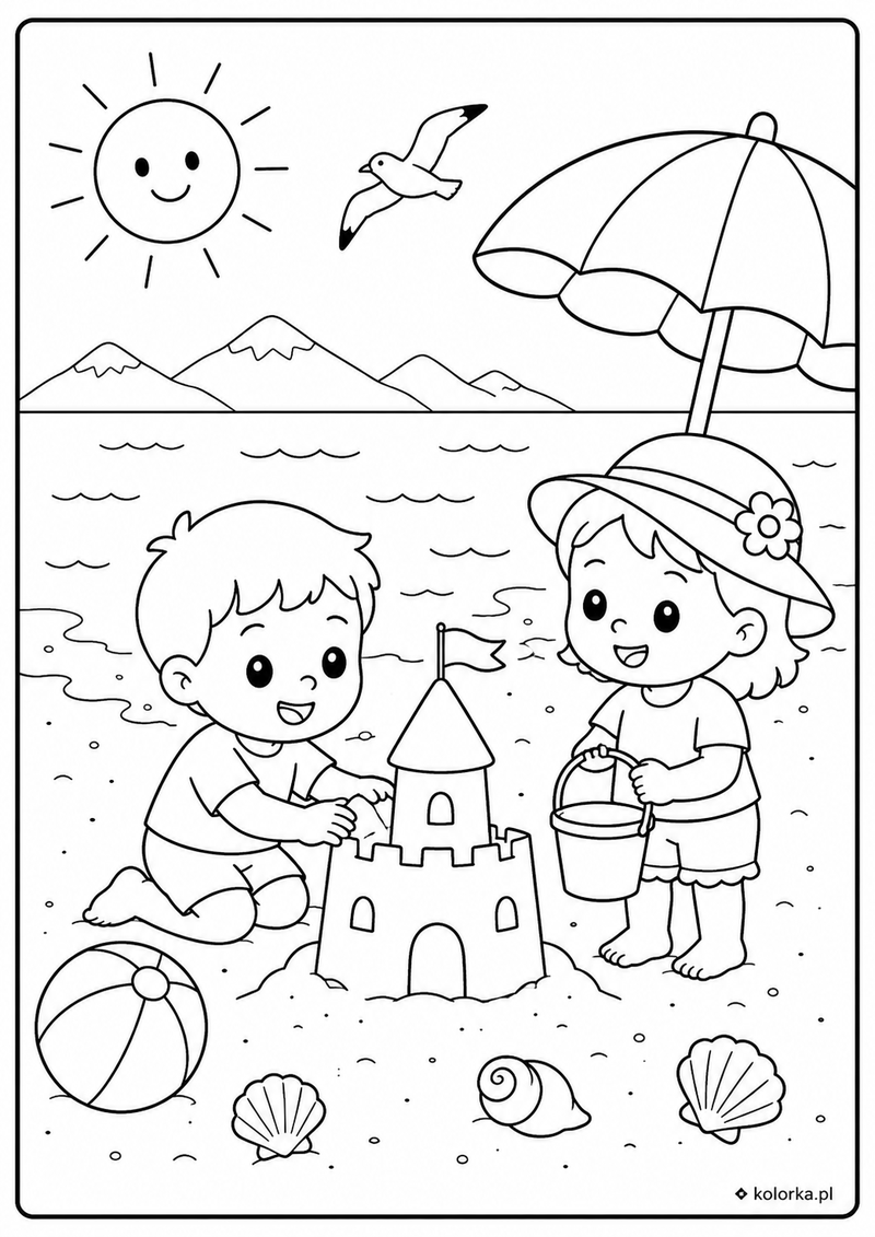 Kolorowanki wakacje, plaża, góry - Dzieci wspólnie budują zamek na plaży